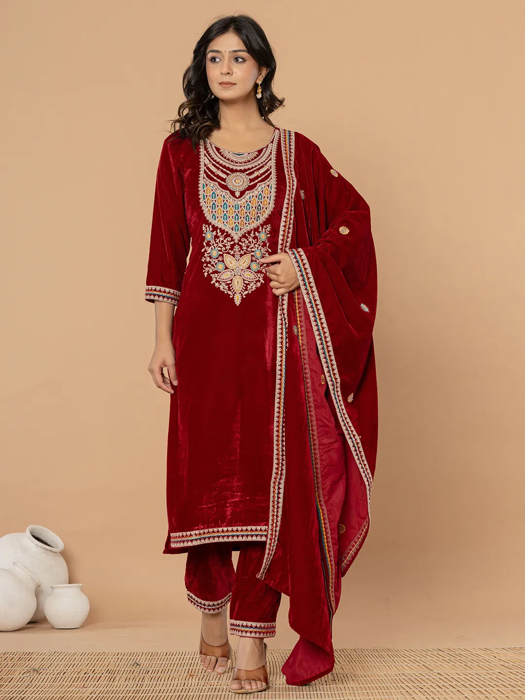 Yufta Maroon Velvet Embroidered A Have Cotton Lining Kurta Dupatta Set