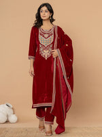 Thumbnail for Yufta Maroon Velvet Embroidered A Have Cotton Lining Kurta Dupatta Set