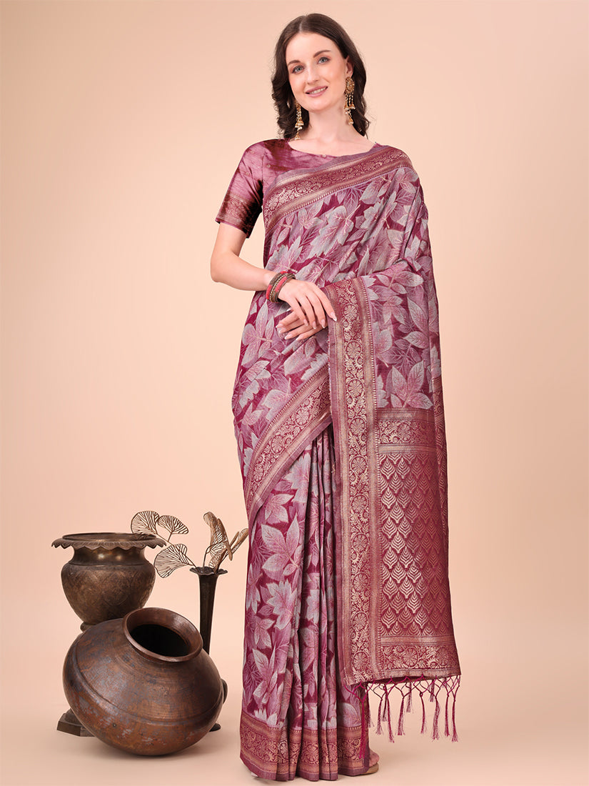 Monjolika Fashion Mauve Floral Print Cotton Silk Blend Saree with Zari Pallu - Dista