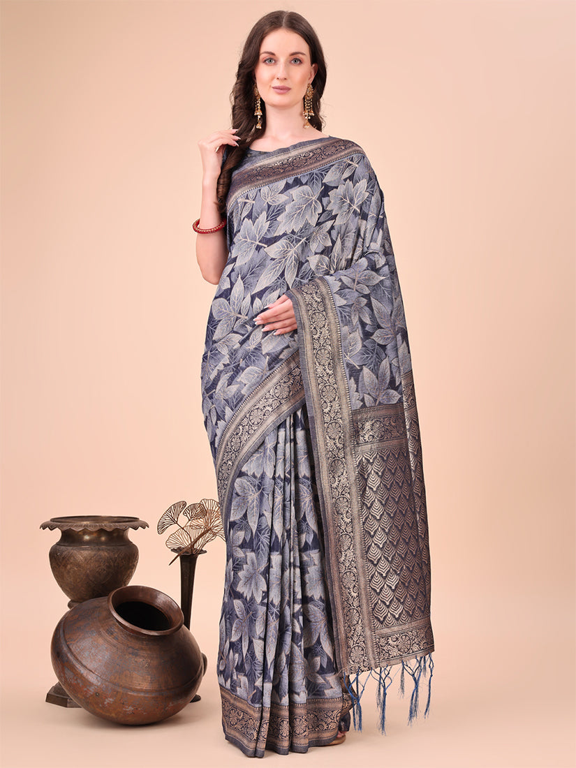 Monjolika Fashion Grey Floral Print Cotton Silk Blend Saree with Zari Pallu - Dista