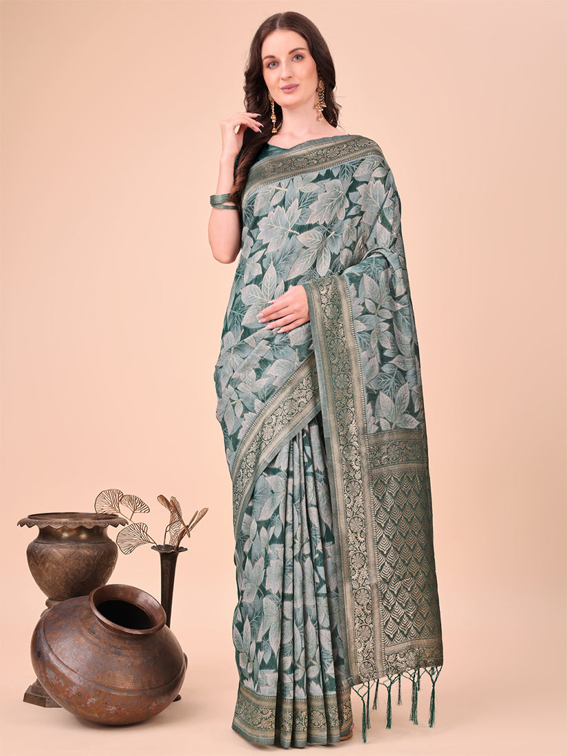 Monjolika Fashion Teal Green Floral Print Cotton Silk Blend Saree with Zari Pallu - Dista