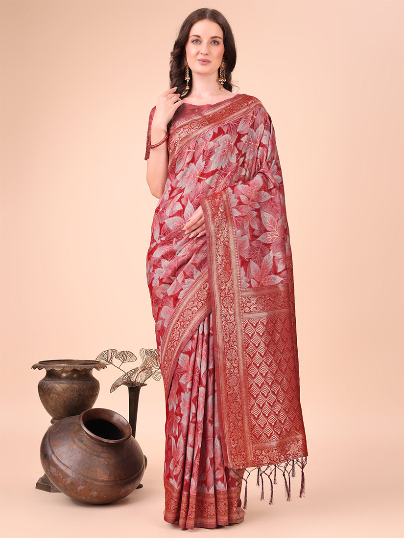 Monjolika Fashion Red Floral Print Cotton Silk Blend Saree with Zari Pallu - Dista