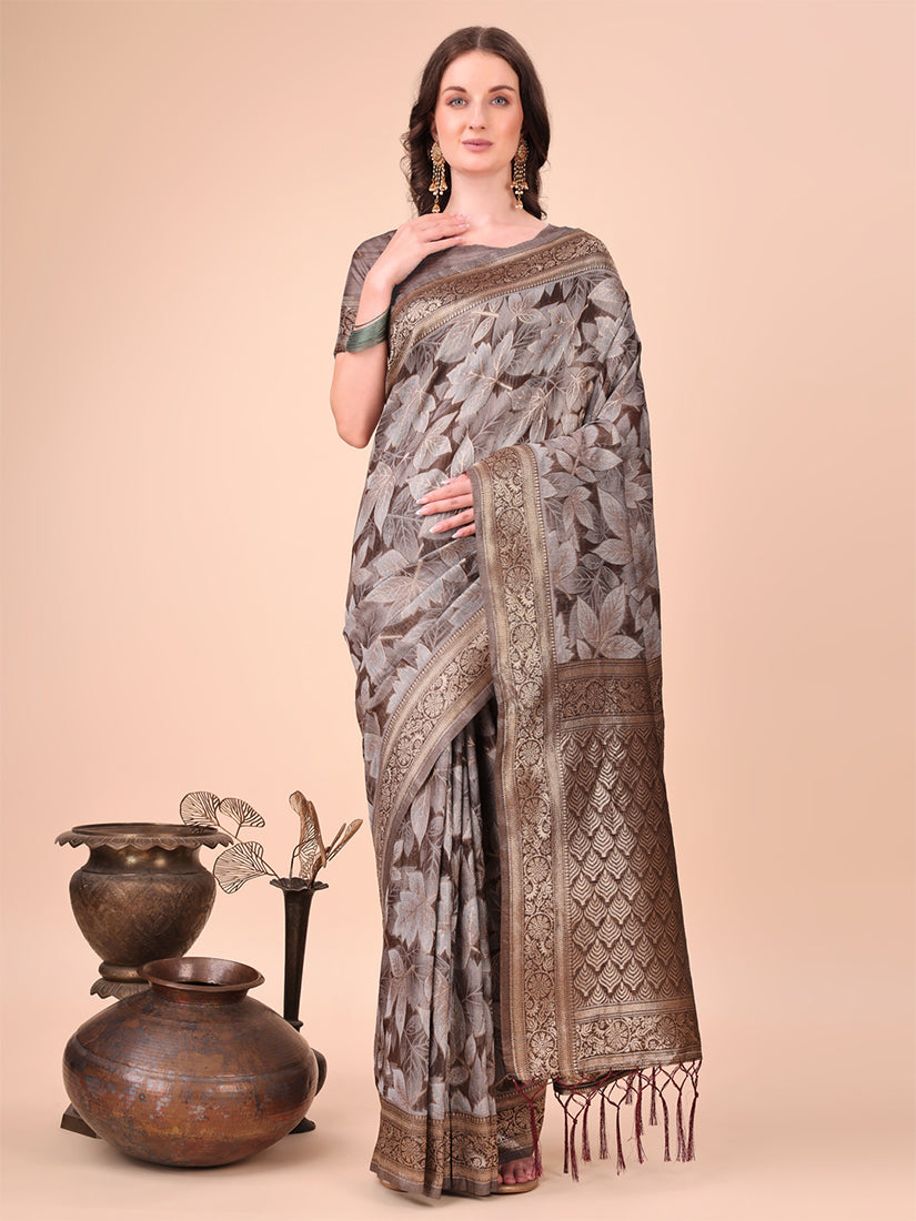 Monjolika Fashion Brown Floral Print Cotton Silk Blend Saree with Zari Pallu - Dista