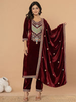 Thumbnail for Yufta Burgundy Velvet Embroidered A Have Cotton Lining Kurta Dupatta Set