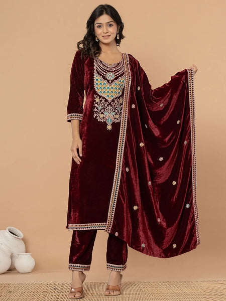 Yufta Burgundy Velvet Embroidered A Have Cotton Lining Kurta Dupatta Set