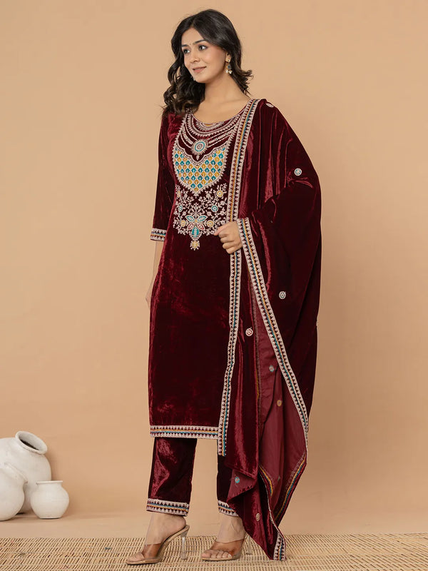 Yufta Burgundy Velvet Embroidered A Have Cotton Lining Kurta Dupatta Set