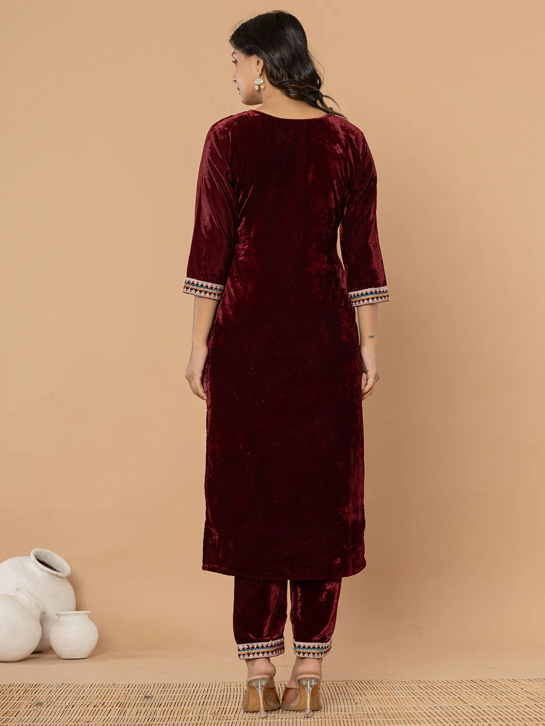 Yufta Burgundy Velvet Embroidered A Have Cotton Lining Kurta Dupatta Set