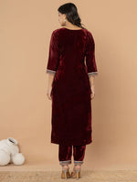 Thumbnail for Yufta Burgundy Velvet Embroidered A Have Cotton Lining Kurta Dupatta Set
