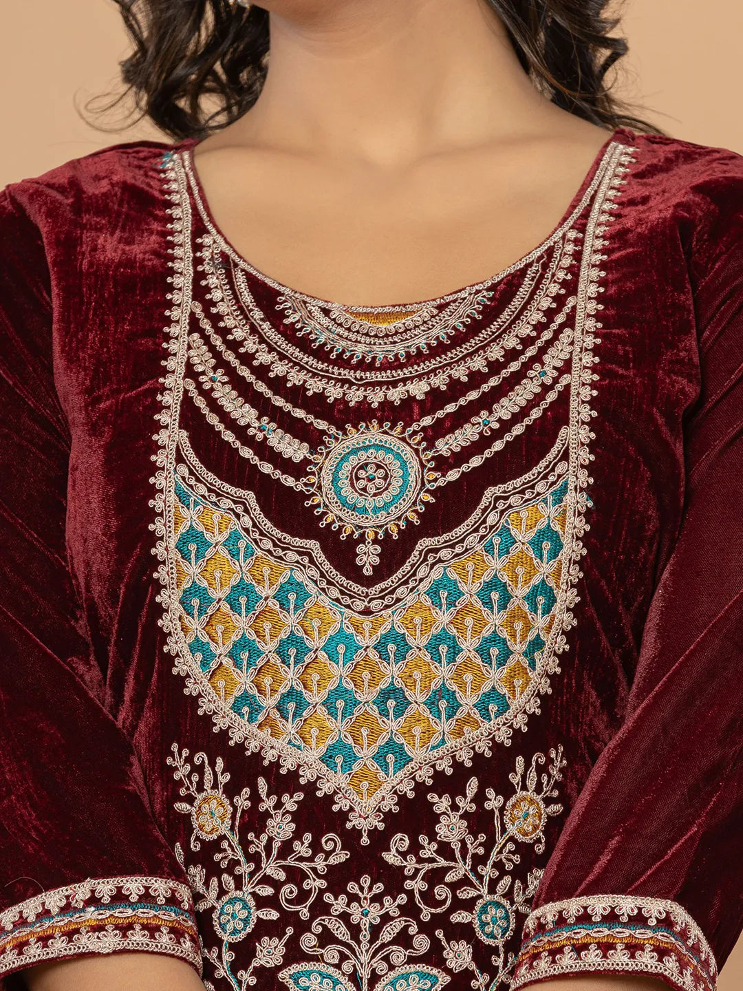 Yufta Burgundy Velvet Embroidered A Have Cotton Lining Kurta Dupatta Set