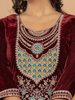 Thumbnail for Yufta Burgundy Velvet Embroidered A Have Cotton Lining Kurta Dupatta Set