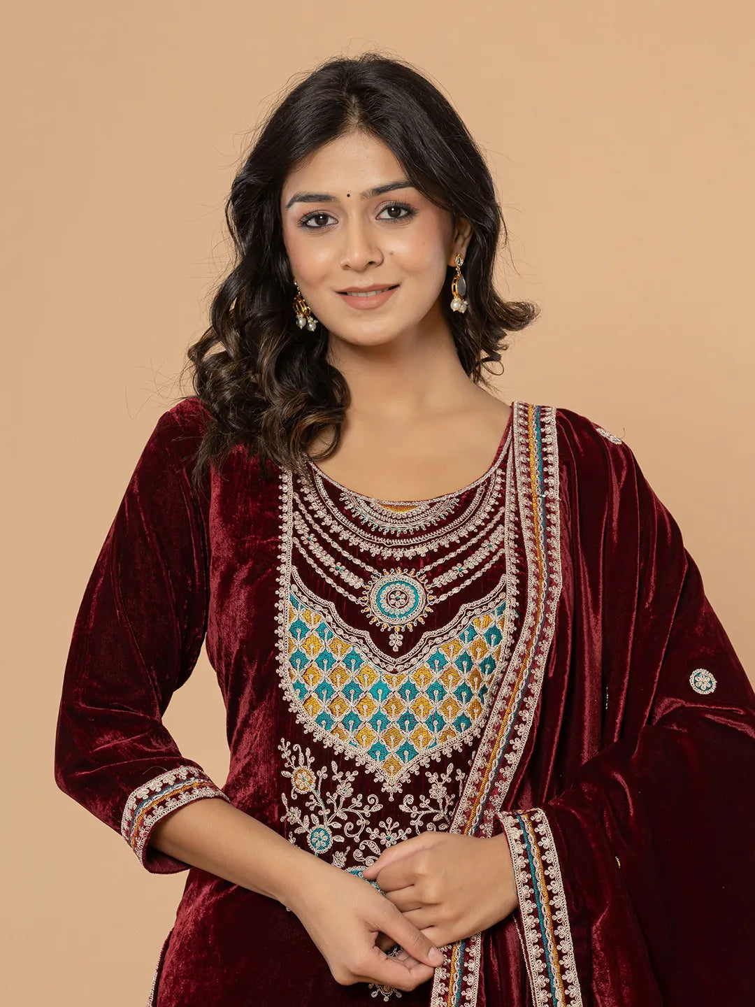 Yufta Burgundy Velvet Embroidered A Have Cotton Lining Kurta Dupatta Set