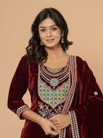 Thumbnail for Yufta Burgundy Velvet Embroidered A Have Cotton Lining Kurta Dupatta Set