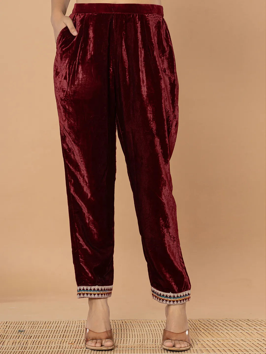 Yufta Burgundy Velvet Embroidered A Have Cotton Lining Kurta Dupatta Set