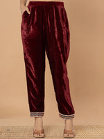 Thumbnail for Yufta Burgundy Velvet Embroidered A Have Cotton Lining Kurta Dupatta Set