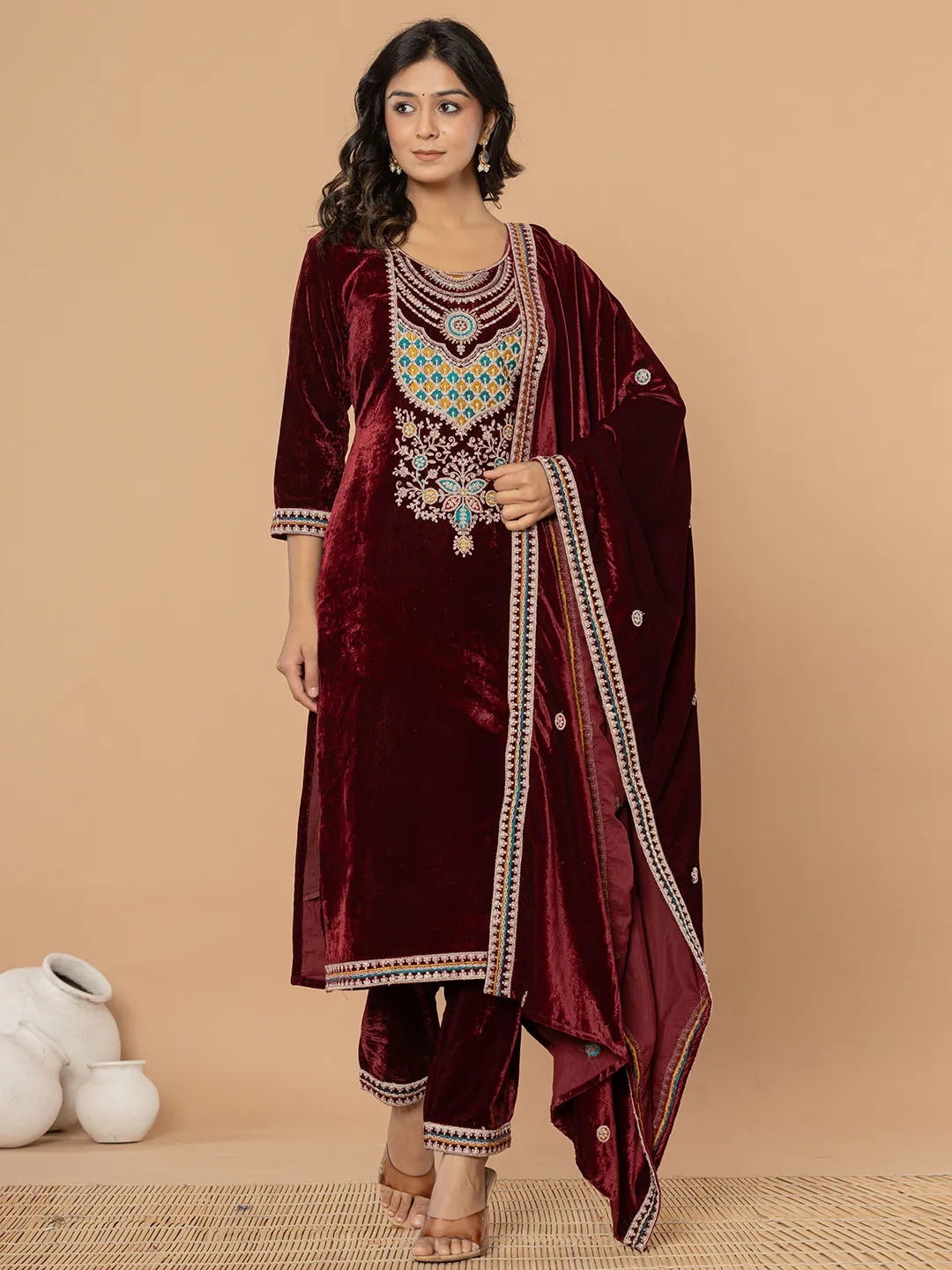 Yufta Burgundy Velvet Embroidered A Have Cotton Lining Kurta Dupatta Set