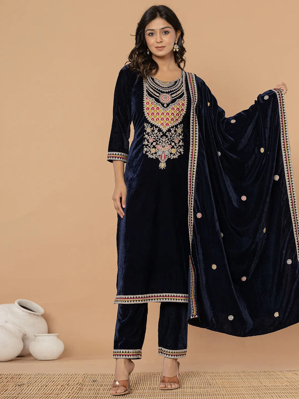 Yufta Navy Blue Velvet Embroidered A Have Cotton Lining Kurta Dupatta Set