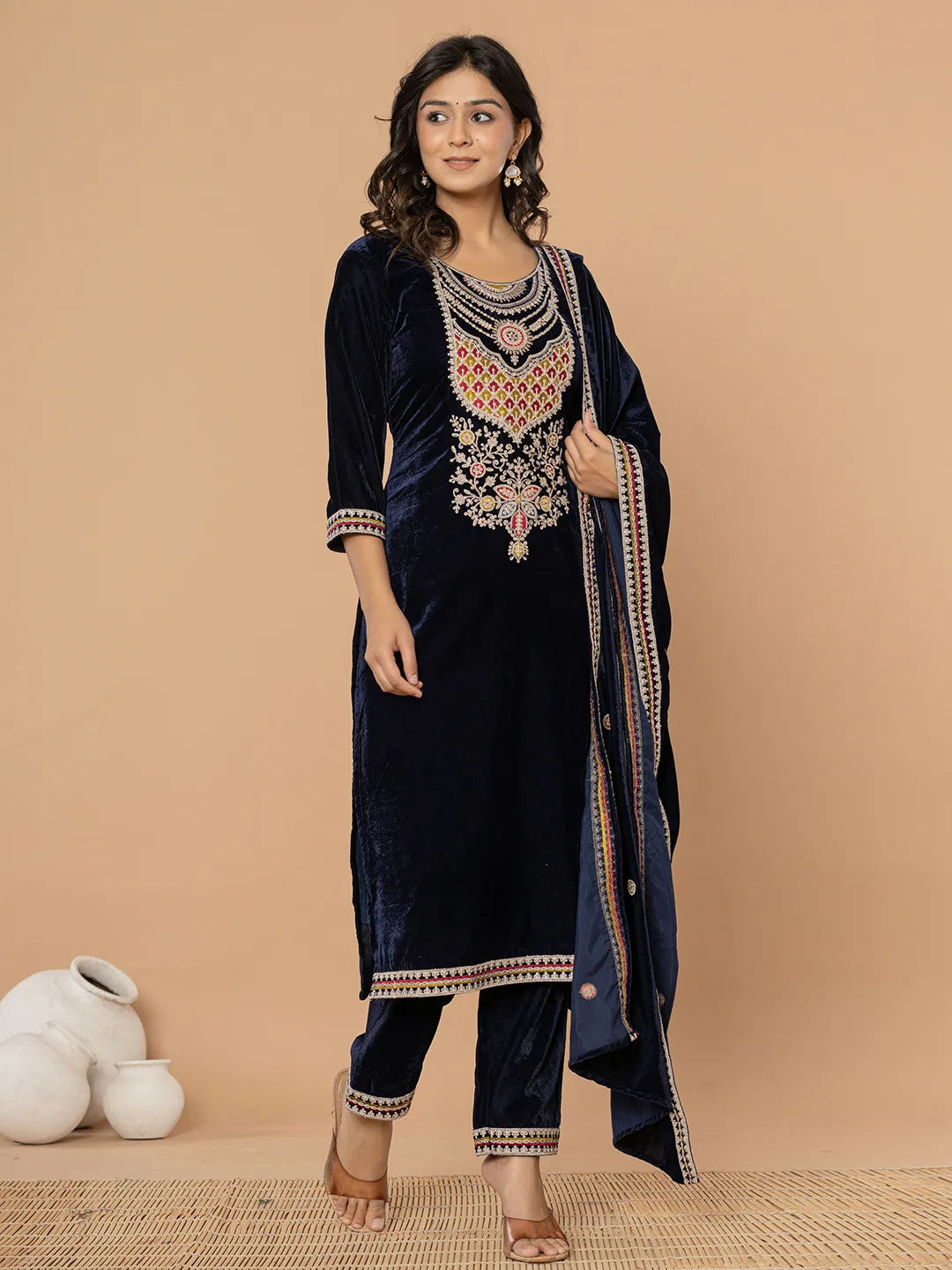 Yufta Navy Blue Velvet Embroidered A Have Cotton Lining Kurta Dupatta Set - Distacart