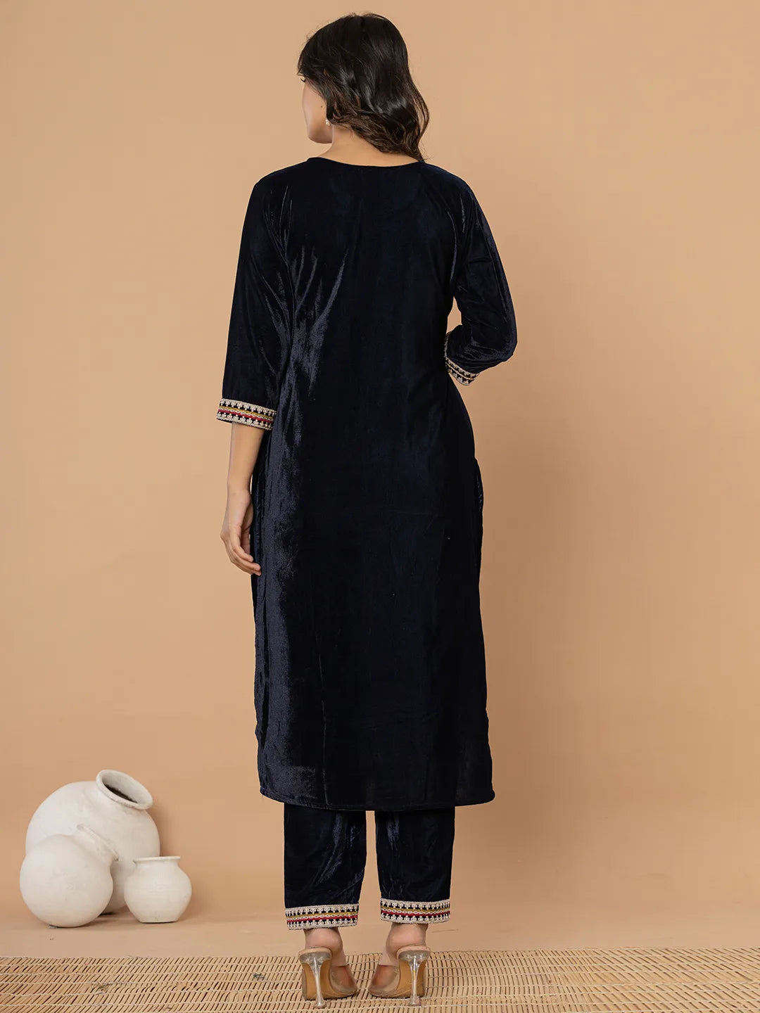 Yufta Navy Blue Velvet Embroidered A Have Cotton Lining Kurta Dupatta Set
