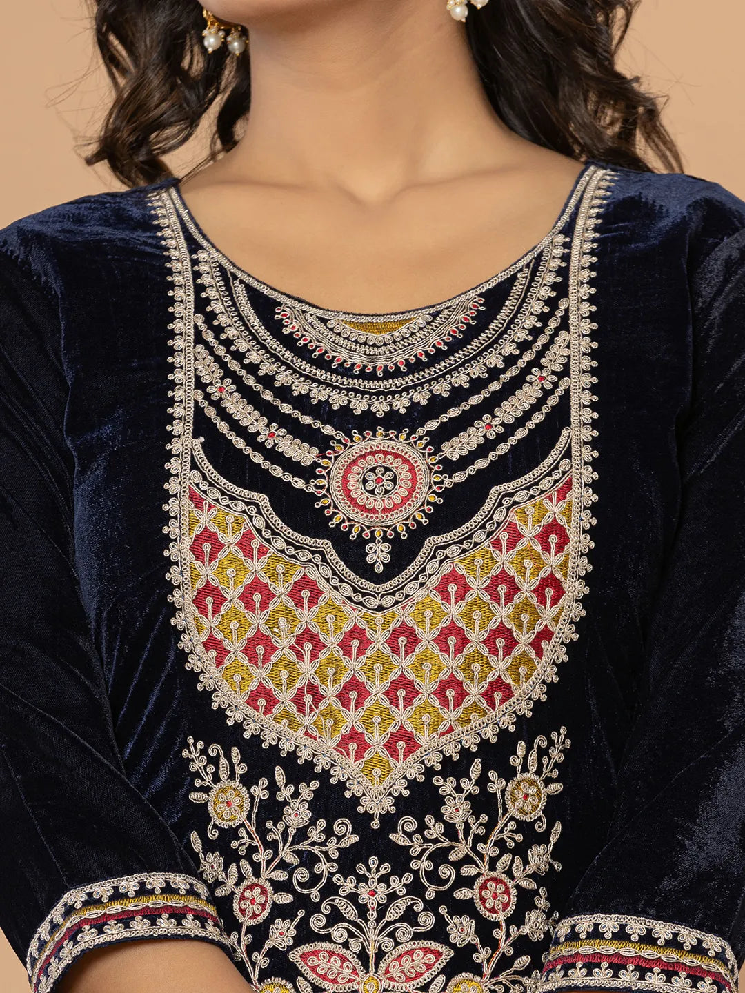 Yufta Navy Blue Velvet Embroidered A Have Cotton Lining Kurta Dupatta Set