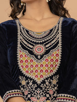 Thumbnail for Yufta Navy Blue Velvet Embroidered A Have Cotton Lining Kurta Dupatta Set