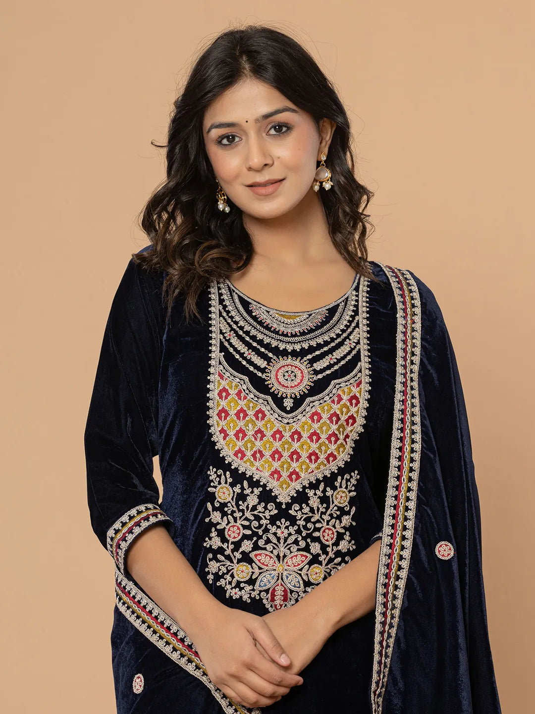 Yufta Navy Blue Velvet Embroidered A Have Cotton Lining Kurta Dupatta Set
