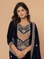 Thumbnail for Yufta Navy Blue Velvet Embroidered A Have Cotton Lining Kurta Dupatta Set