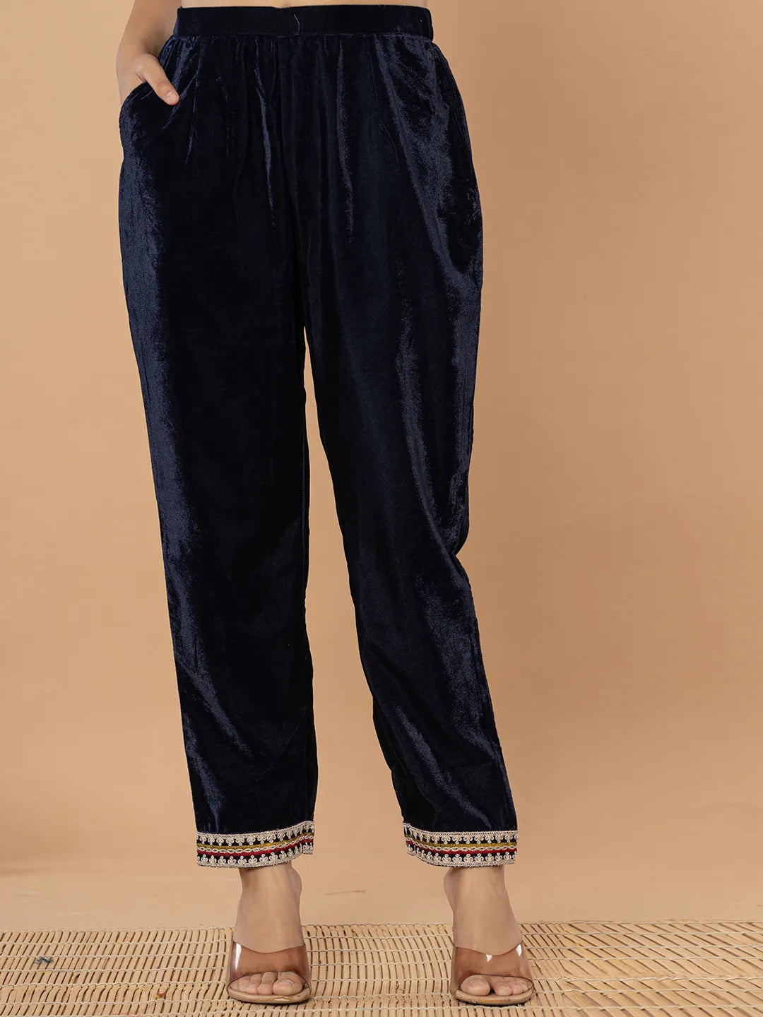 Yufta Navy Blue Velvet Embroidered A Have Cotton Lining Kurta Dupatta Set