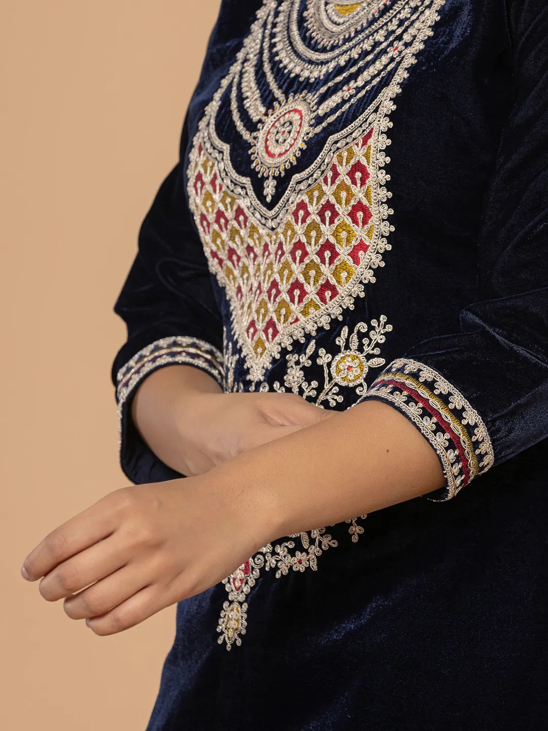 Yufta Navy Blue Velvet Embroidered A Have Cotton Lining Kurta Dupatta Set