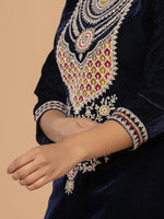 Thumbnail for Yufta Navy Blue Velvet Embroidered A Have Cotton Lining Kurta Dupatta Set
