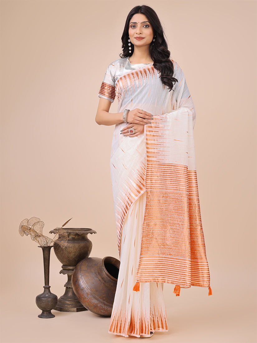 Monjolika Fashion White Woven Linen Silk Blend Saree with Metallic Striped Border - Dista