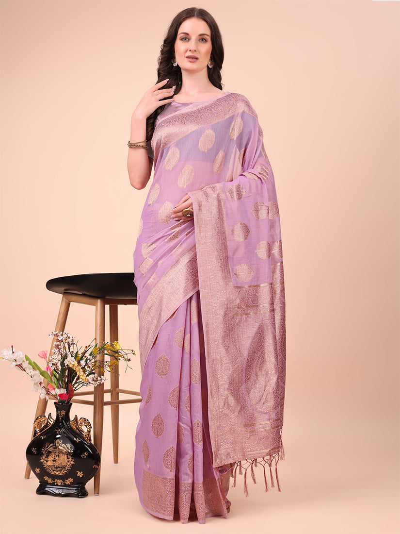Monjolika Fashion Lilac Cotton Silk Blend Saree with Gold Zari Buti - Dista