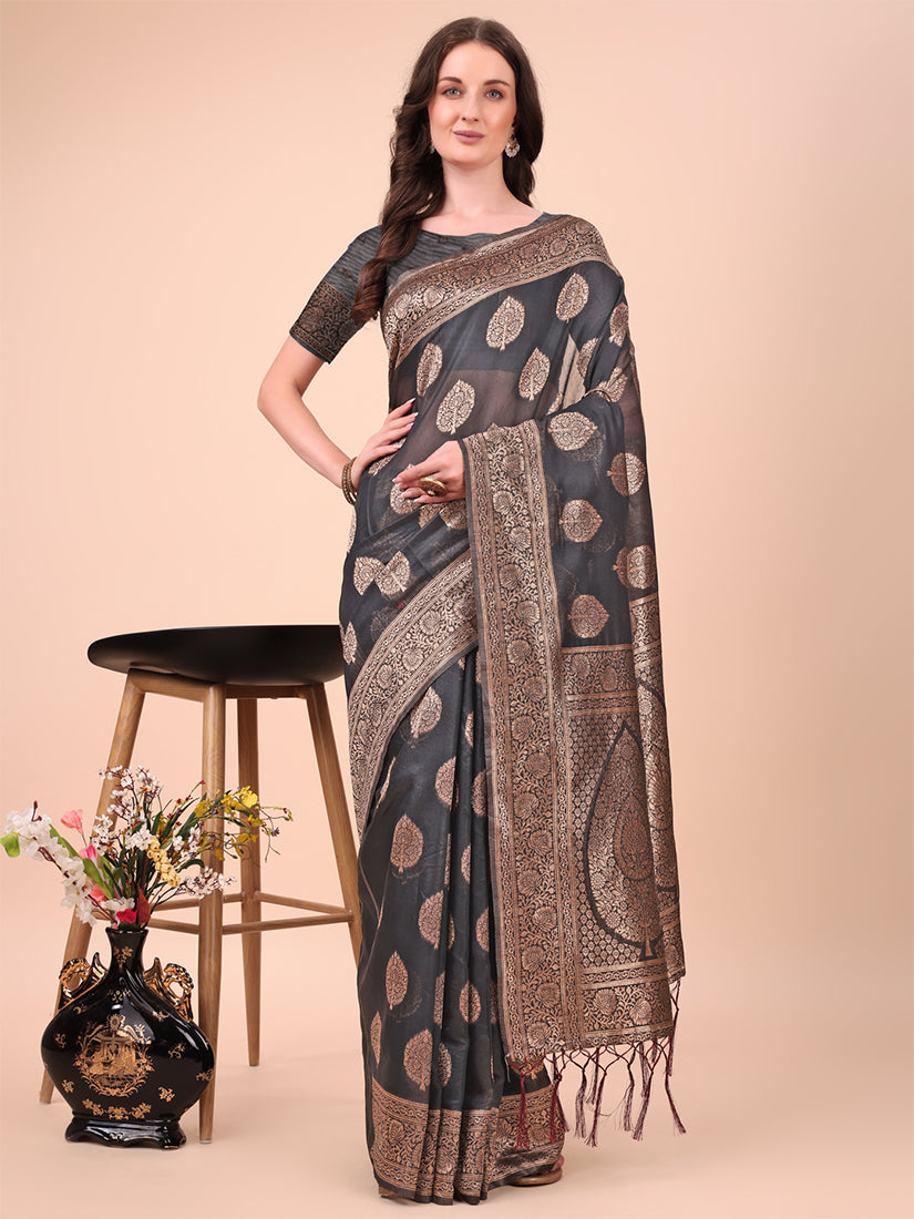 Monjolika Fashion Black Cotton Silk Blend Saree with Gold Zari Buti - Dista