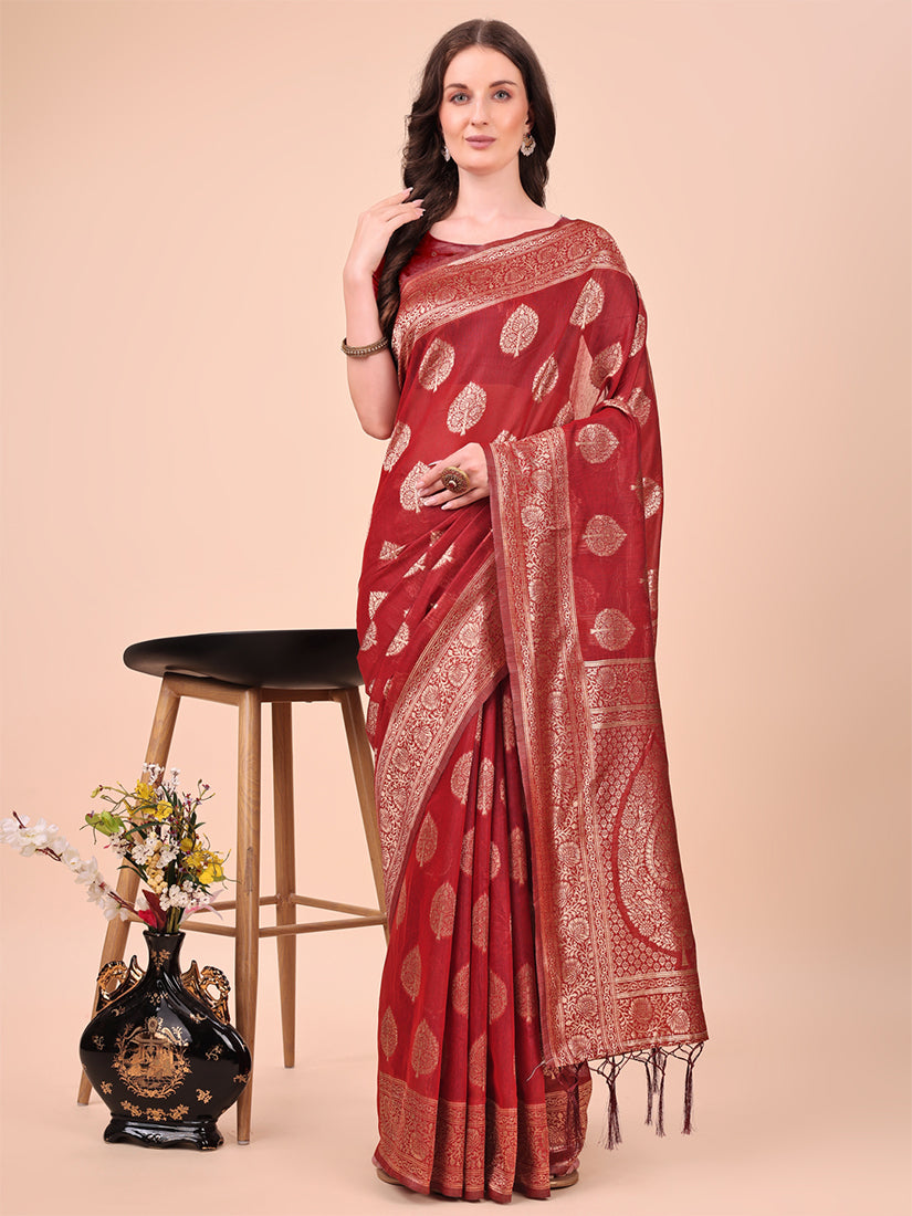 Monjolika Fashion Red Cotton Silk Blend Saree with Gold Zari Buti - Dista