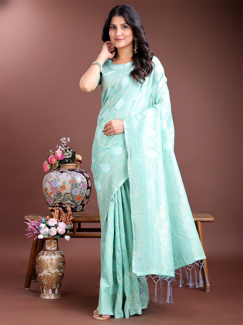 Monjolika Fashion Sea Green Cotton Silk Blend Woven Saree with Zari Work - Dista