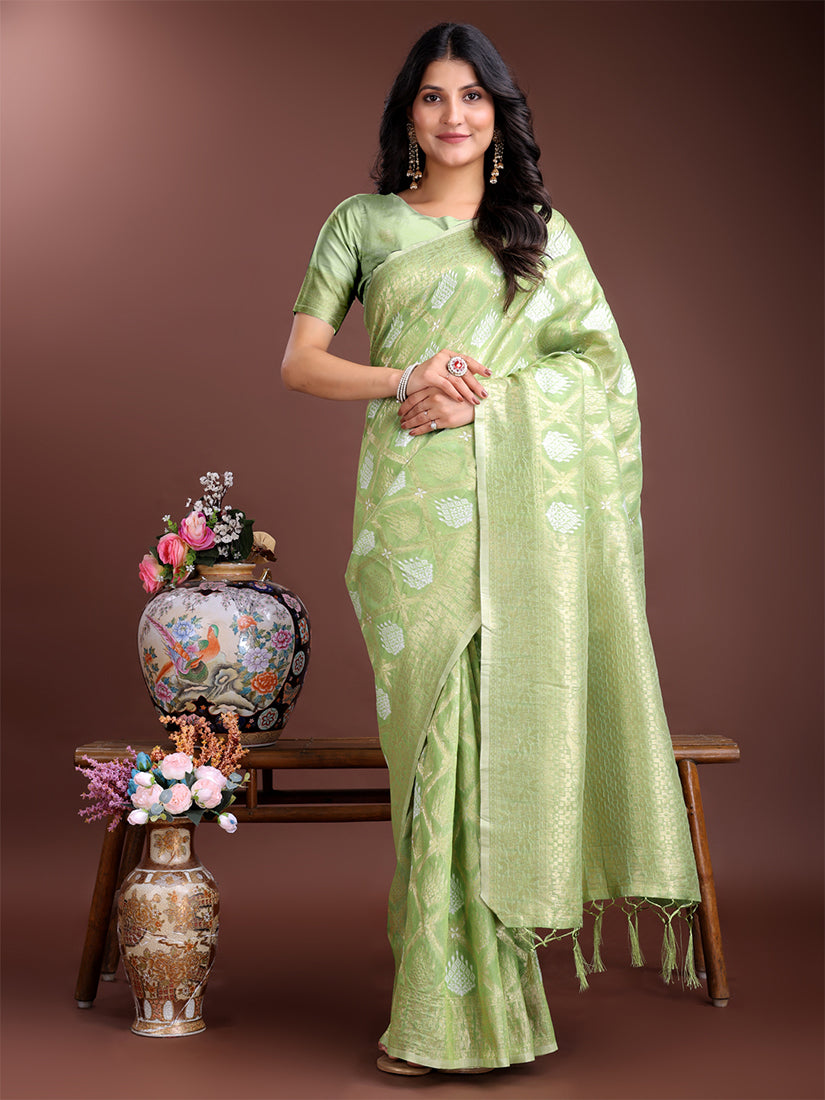 Monjolika Fashion Light Green Cotton Silk Blend Woven Saree with Zari Work - Dista