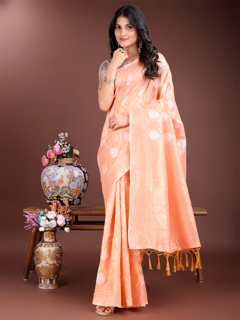 Monjolika Fashion Peach Cotton Silk Blend Woven Saree with Zari Work - Dista