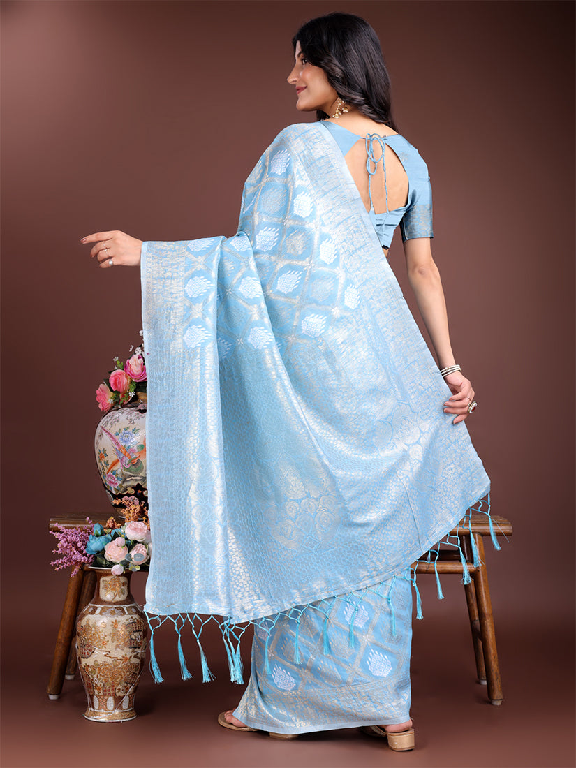 Monjolika Fashion Light Blue Cotton Silk Blend Woven Saree with Zari Work - Dista