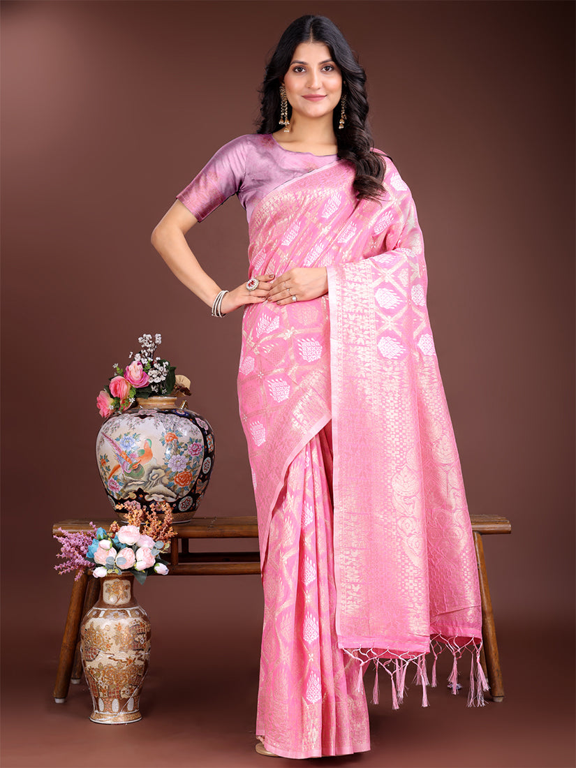 Monjolika Fashion Pink Cotton Silk Blend Woven Saree with Zari Work - Dista