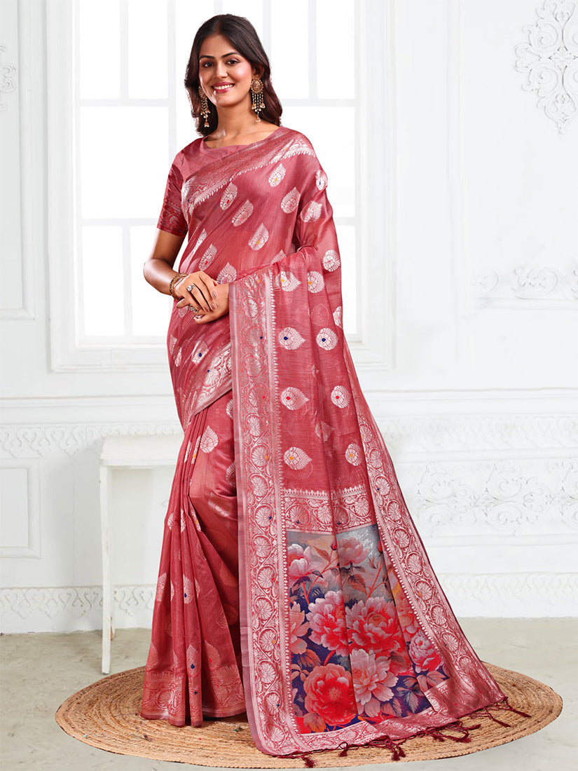 Monjolika Fashion Dusty Rose Pink Woven Linen Silk Blend Saree with Floral Print Pallu - Dista