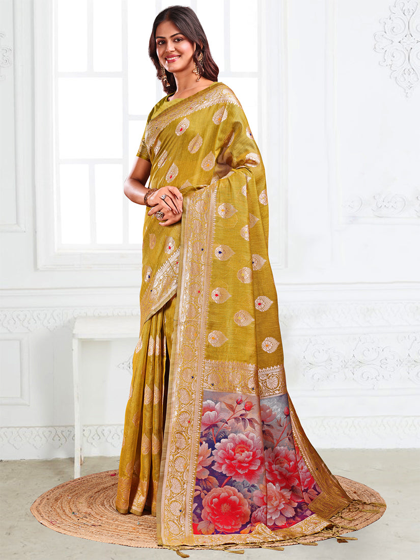 Monjolika Fashion Mustard Woven Linen Silk Blend Saree with Floral Print Pallu - Dista