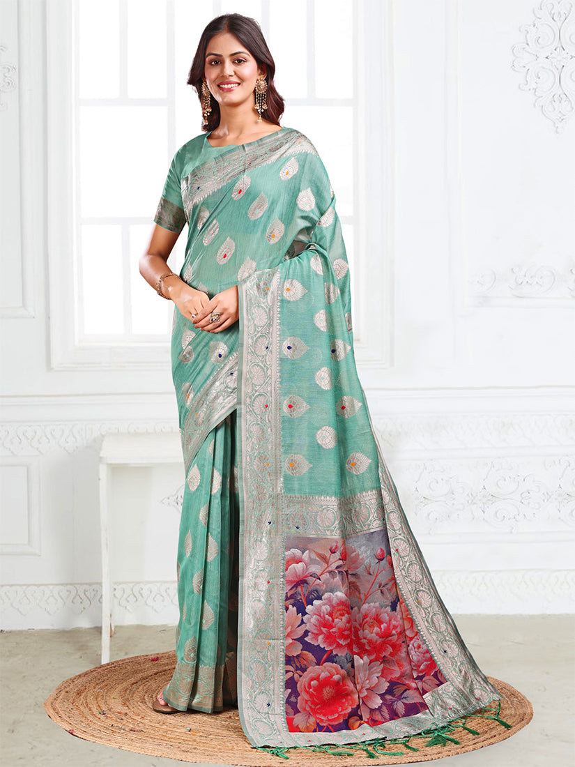 Monjolika Fashion Sea Green Woven Linen Silk Blend Saree with Floral Print Pallu - Dista