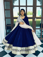 Thumbnail for Yash Enterprise Blue Viscose Velvet Party Wear Embroidery Suit Set - Distacart