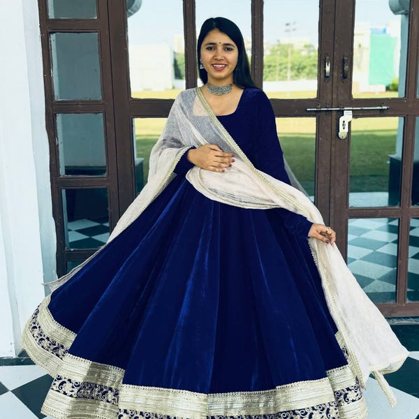 Yash Enterprise Blue Viscose Velvet Party Wear Embroidery Suit Set - Distacart