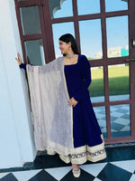 Thumbnail for Yash Enterprise Blue Viscose Velvet Party Wear Embroidery Suit Set - Distacart