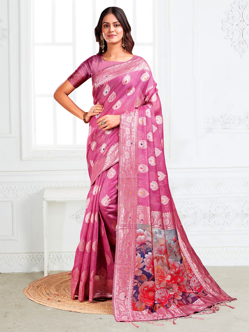Monjolika Fashion Onion Pink Woven Linen Silk Blend Saree with Floral Print Pallu - Dista