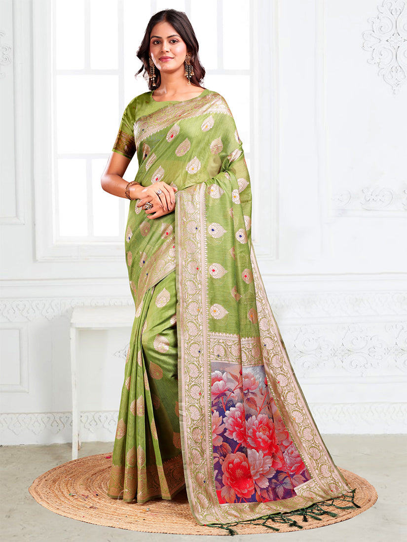Monjolika Fashion Light Green Woven Linen Silk Blend Saree with Floral Print Pallu - Dista