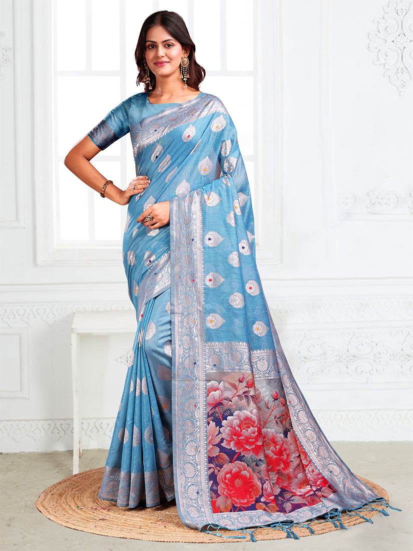 Monjolika Fashion Light Blue Woven Linen Silk Blend Saree with Floral Print Pallu - Dista