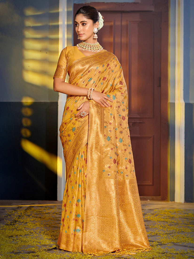 Monjolika Fashion Mustard Banarasi Silk Blend Saree with Rich Gold Zari Floral Weaving - Dista
