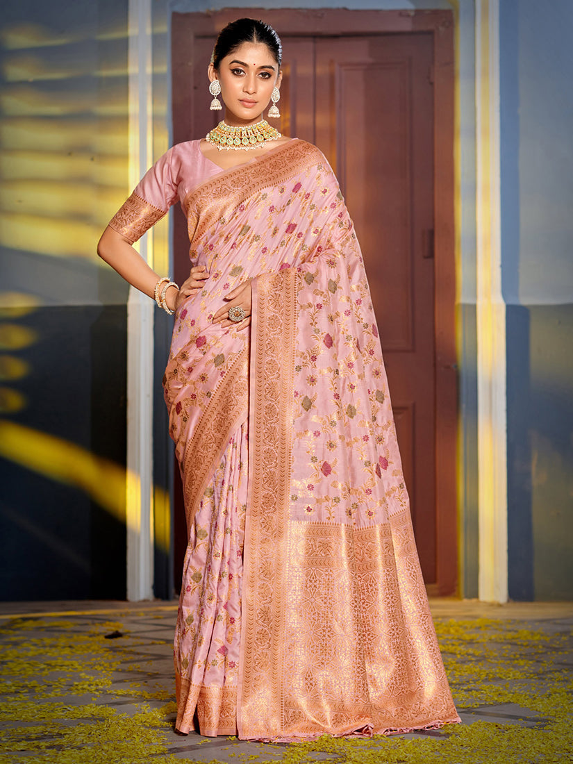 Monjolika Fashion Baby Pink Banarasi Silk Blend Saree with Rich Gold Zari Floral Weaving - Dista