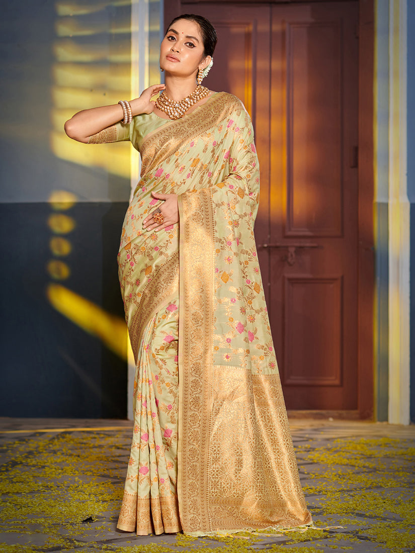 Monjolika Fashion Light Pistachio Green Banarasi Silk Blend Saree with Rich Gold Zari Floral Weaving - Dista